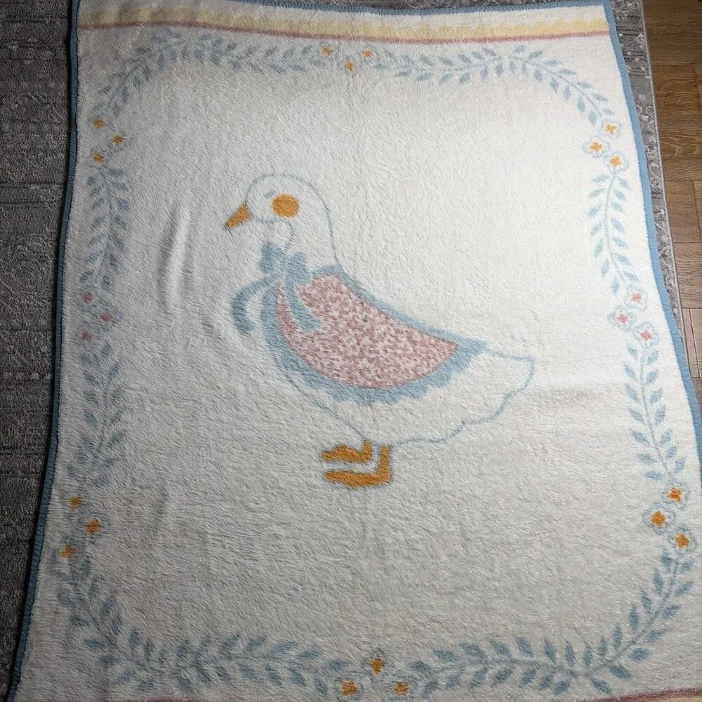 Vintage Biederlack Country Goose Blanket Blue White 70x55 USA Cottage Farmhouse